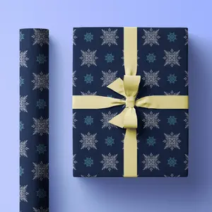 Sequin Snowflake Christmas Wrapping Paper Roll, Gift Wrap With Blue and White Snowflakes on Navy Blue Background, Vintage-Inspired Motif
