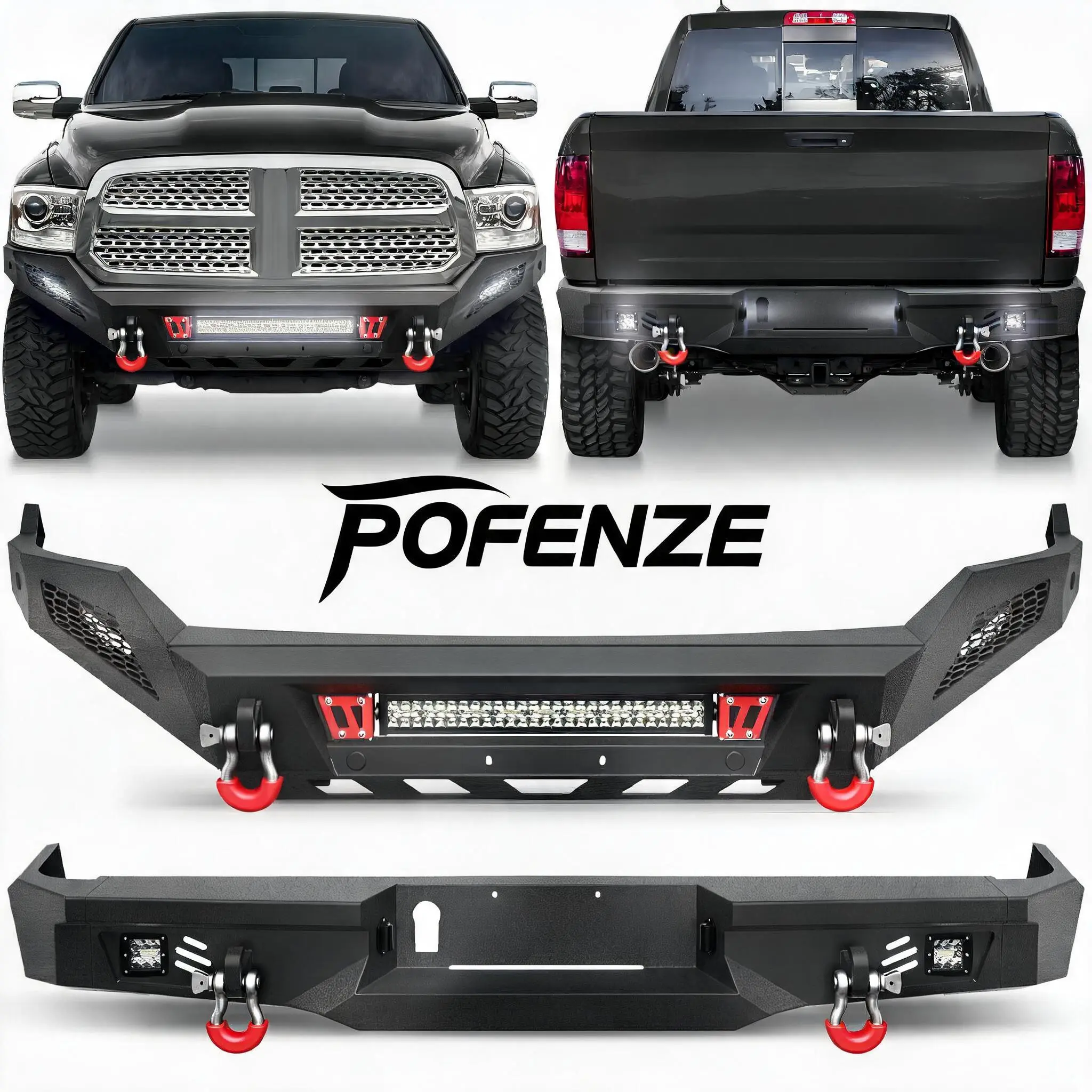 POFENZE-NADIA Heavy Duty Steel Bumpers Set, Automotive Car Body & Frame Replacement Bumpers for 2013-2018 Ram 1500 (Excl. Rebel) & 2019-2024 Ram 1500 Classic (Excl. Warlock) - Textured Black, Winch Plate, LED Lights, D-Rings
