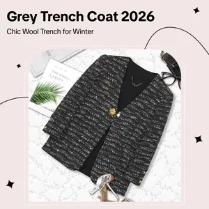 DUSHE Women's Fashion Long-Sleeve Fitted Tweed Trench Coat - Elegant Plain, Single-Button, Deep V-Neck, Mid-Length, Wool, Grey, Fall/Winter Clothes Essential Jackets
