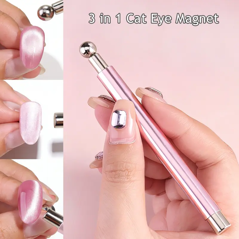 3-in-1 Cat Eye Nail Magnet, Double-Ended Cylindrical & Ball Magnetic Pen for Nails, Glass Bead Cat Eye Effects Magnetic Tool Kit for Gel Polish DIY Home Manicure Supplies, Nail Art Supply, Nail Art Design, Nail Art Tools