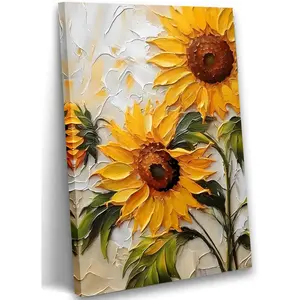 Sunflower Canvas Wall Art, 2D No Texture Sunflower Painting Poster, Yellow Flower Wall Decor, Summer Flower Picture for Wall Living Room Bathroom Bedroom Home Decoration 12*18 in ( Stretched Canvas on A Wooden Frame)