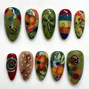 Handmade Autumn Melody Press On Nails | 3D Ladybugs, Painted Poppies, Music Notes & Olive Green Base | Almond Set For Fall Vibes