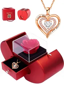 Rhinestone Heart Pendant Necklaces for Women for Gift, Summer Dainty Fashion Wearable Jewelry for Women, I Love U Engraved Necklace, with Flower & Gift Box, Charms Gifts for Her, Heart Shaped Necklace