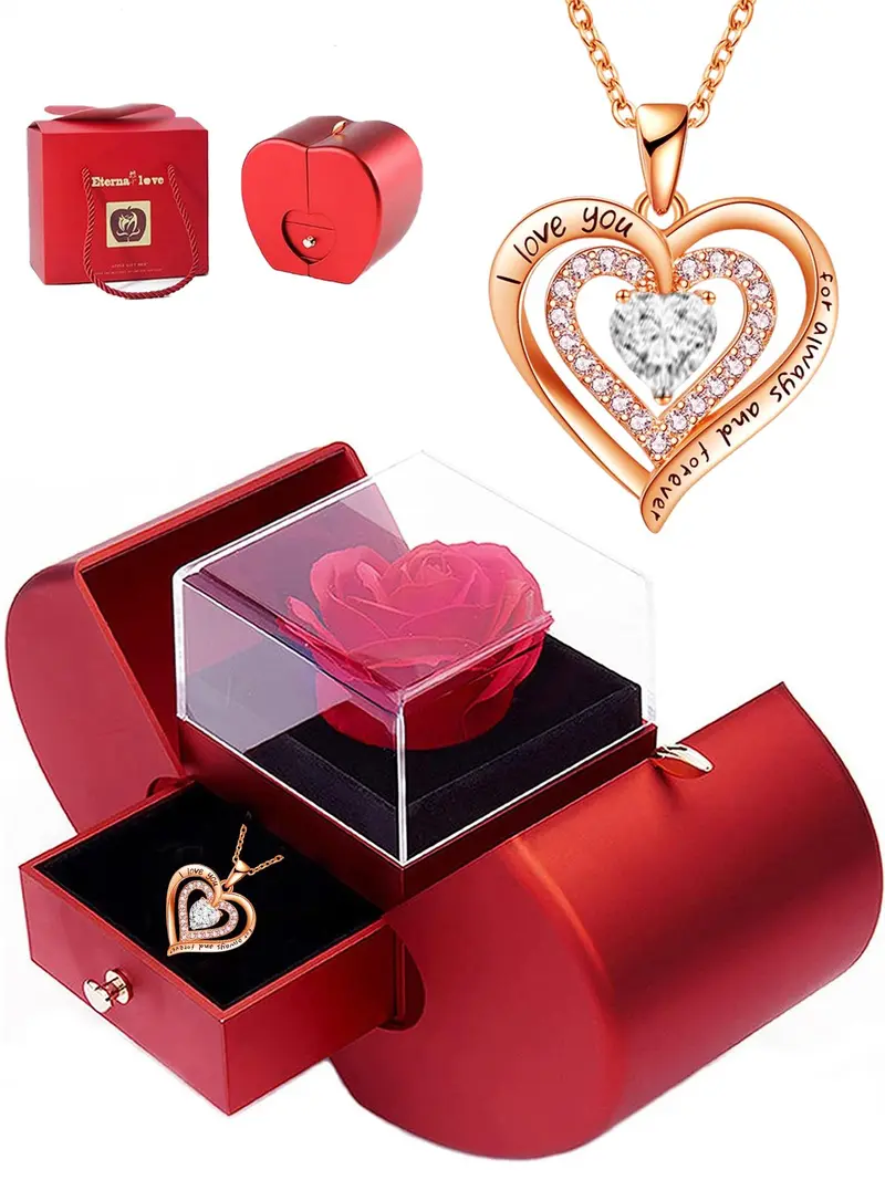 Preserved Real Rose Drawer with Heart Necklace I Love You in  Heart-Shaped \'I Love You More\' Pendant Necklace with Rose Detail display picture 1