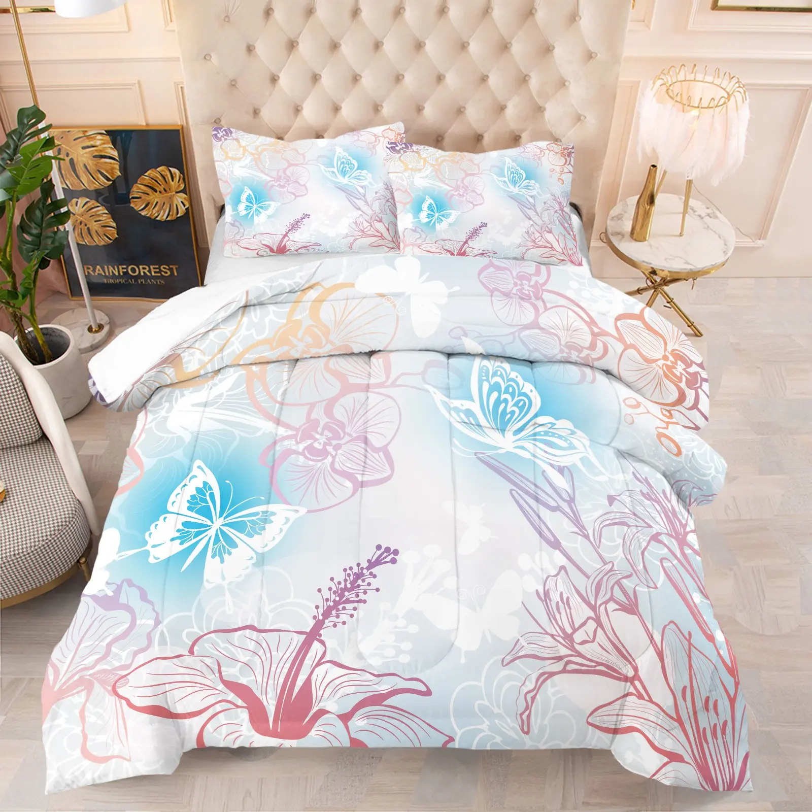 2/3Pcs Fresh Watercolor Butterfly Flower Print Quilted Comforter Set, Gentle Healing Girl Style, Soft Breathable Warm Cozy Bedding Set, for Girls Bedroom, Dorm, Rental House, Comforter With Filling, Pillowcases Without Filling