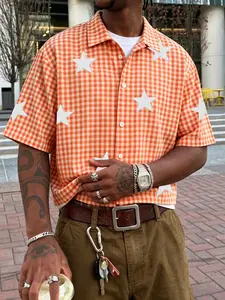 Unisex Plaid Star Embroidered Short Sleeve Casual Shirt, Y2K Street Style Loose Fit Collar Top, Summer Beach & Back-To-School Wear