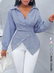 Women's Striped Print Button Front Casual Shirt,Asymmetrical Hem ,Wrap Blouse,Long Sleeve,Fitted,Elegant,Daily Commuting,Going Our,All Season