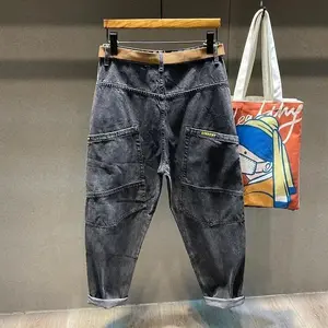 2025 Korean Men's wide Jeans Spring/Autumn  Big Pockets Cargo Pants Men's Japan  Straight Loose High Street Tapered Denim Pants