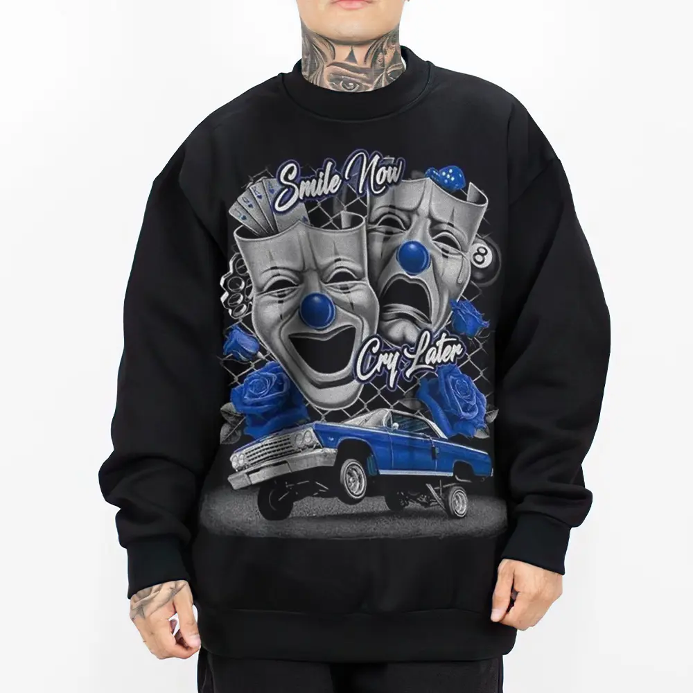 Women's Round Neck Shortsleeve Baggy Oversize T-Shirt - Comfortable Red & Blue Smile Now Cry Later Graphic Streetwear, Gangster Chicanos Dga Apparel, Bow-Accent Casual Women's Clothes (S Available; Also Sweatshirt, Hoodie)