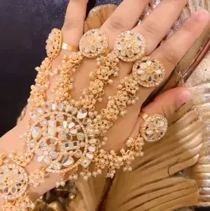 Kundan Stones and Imitation Pearls Finger Bracelet Fits 2.6-2.8 Traditional Indian Panja Bangle Set with Sparkling Stones and Beads for Ethnic Style