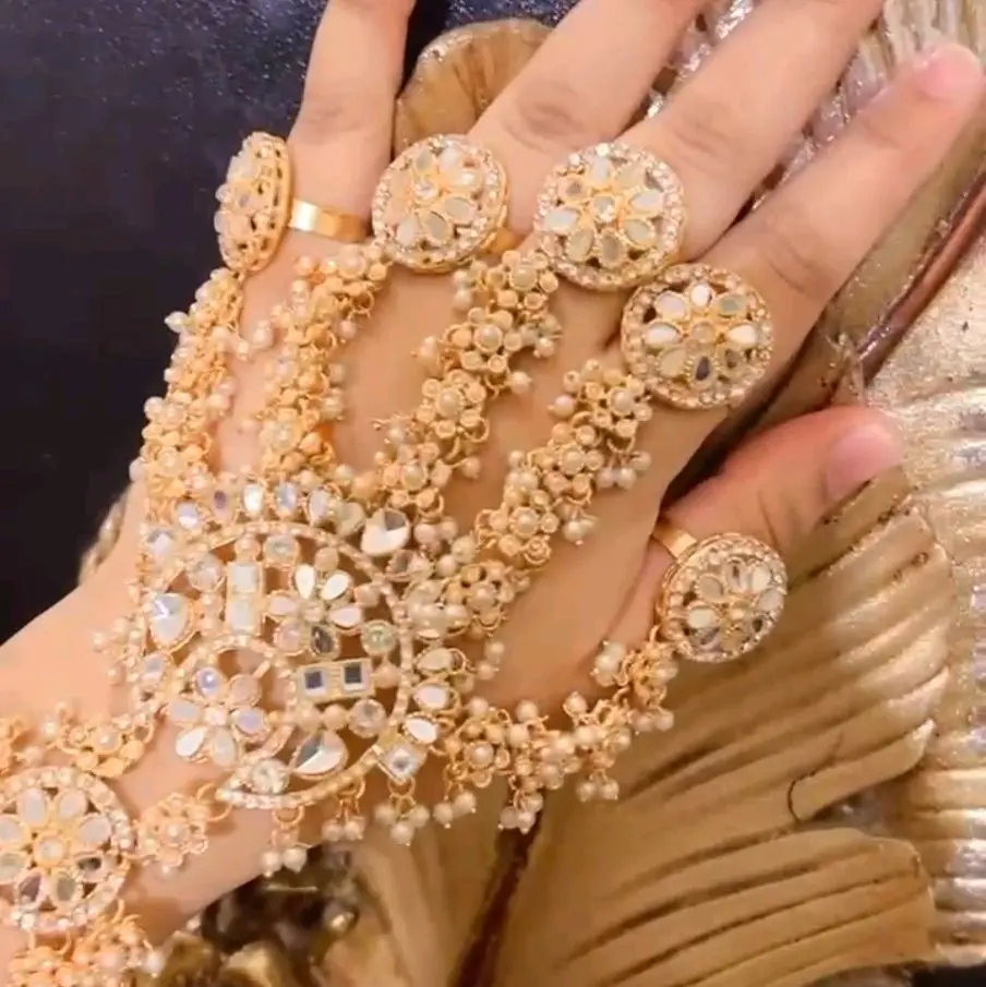 Kundan Stones and Imitation Pearls Finger Bracelet Fits 2.6-2.8 Traditional Indian Panja Bangle Set with Sparkling Stones and Beads for Ethnic Style