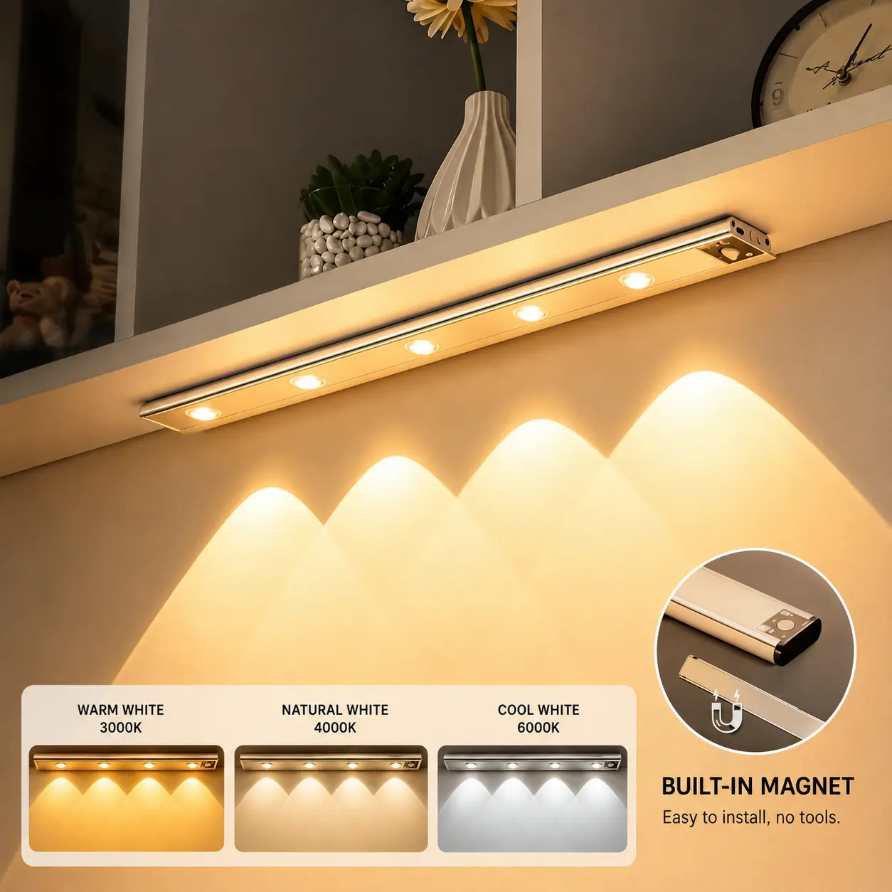 Rechargeable Motion Sensor LED Cabinet Electronic Lights - Aluminium Alloy Body, Modern Slim Plain Surface, Adjustable 3 Colors, USB-Powered, Built-in Magnet, Ambient Interior Lighting, Easy-to-Install Home Decor for Kitchen, Closet
