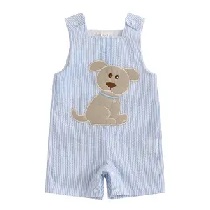 Toddler Baby Boy Dog Embroidered Blue And White Striped Overalls Romper Summer Clothes