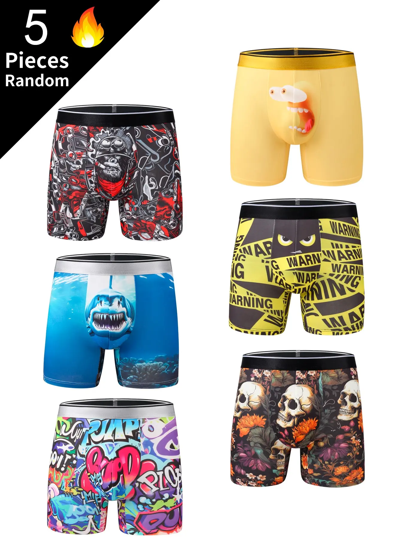 5-Pack Men's Longer Leg Cycling Performance Boxer Briefs, Graffiti Print High Elasticity Stretch No-RideUp Underwear, Soft Breathable Anti-Chafe Athletic Shorts, Multi-Color Mix for Sports Gym Daily Wear, Athletic Boxers Briefs