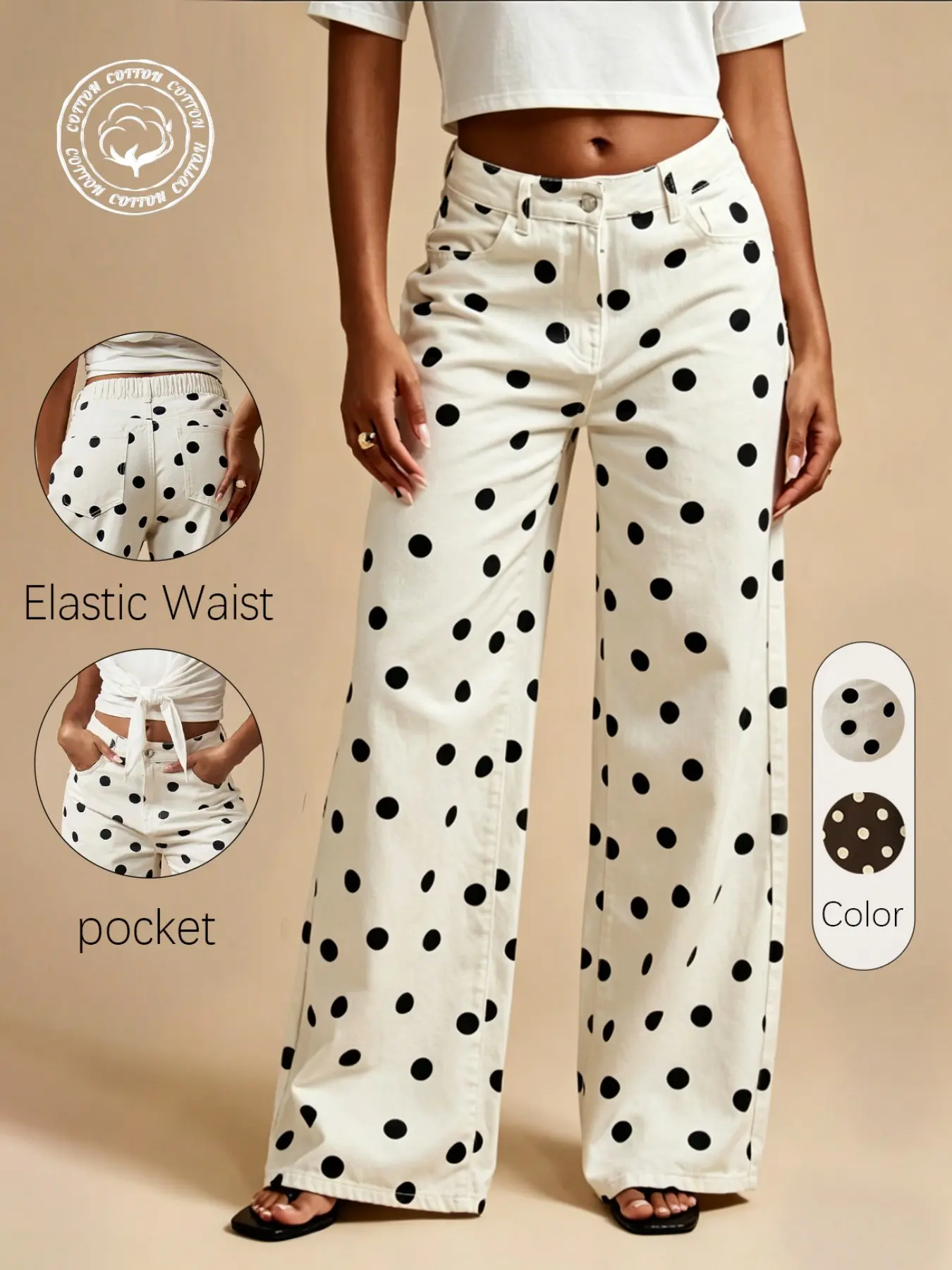 Women's Denim Polka Dot Wide Leg Jeans, Bohemian Palazzo Trousers, Elastic Waist, Boho Style, Loose Fit, Mid Waist, Long Pants, Casual All Season Wear