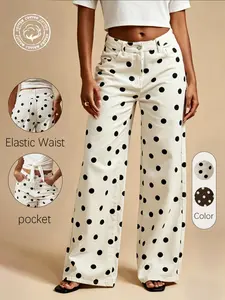 Women's Boho Polka Dot Jeans, Wide Leg Long Pants, Mid Waist Button Fly, Loose Fit, Casual Fashion, Comfortable and Trendy