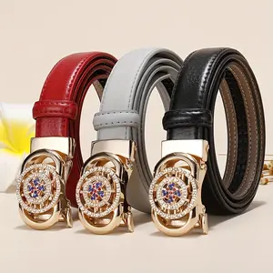 Ladies Leather Belt Leather Automatic Button Leather Fashion Korean Version Of The New Green Jeans Belt With White Decoration Buckles Beaded