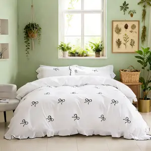 Embroidered Ruffled Bow Print Bedding 3 Piece Set, Includes 1 Duvet Cover + 2 Pillowcases, No Insert Soft Comfortable Fabric, Perfect Gift