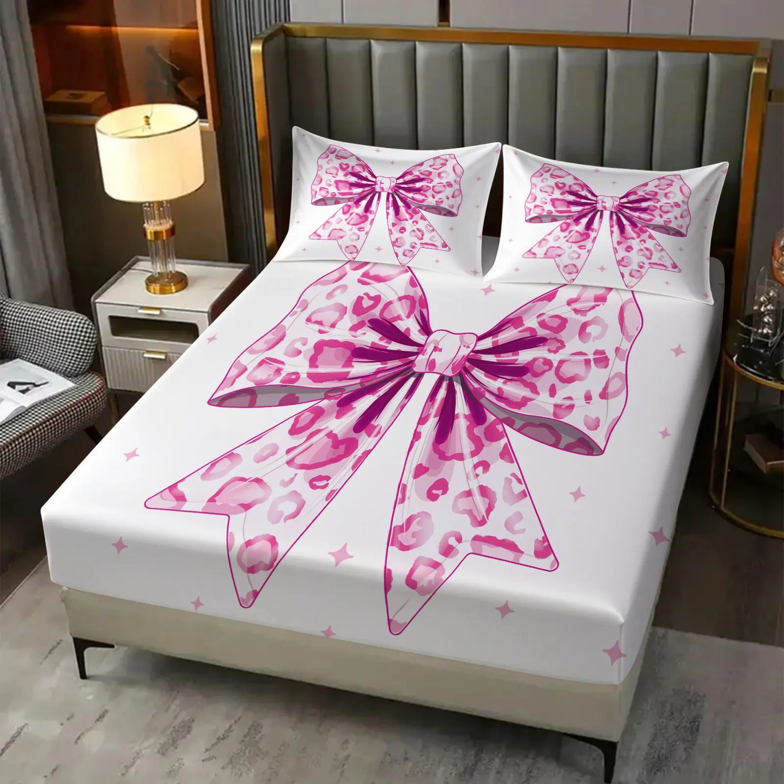 3pcs Pink Leopard Bow Fitted Bedsheet Set, Cute Y2K Bed Sheet Set, Soft Microfiber Bedding Set (No Filler), Bedding Sheets, Aesthetic Decor for Girls Bedroom & Dorm Room