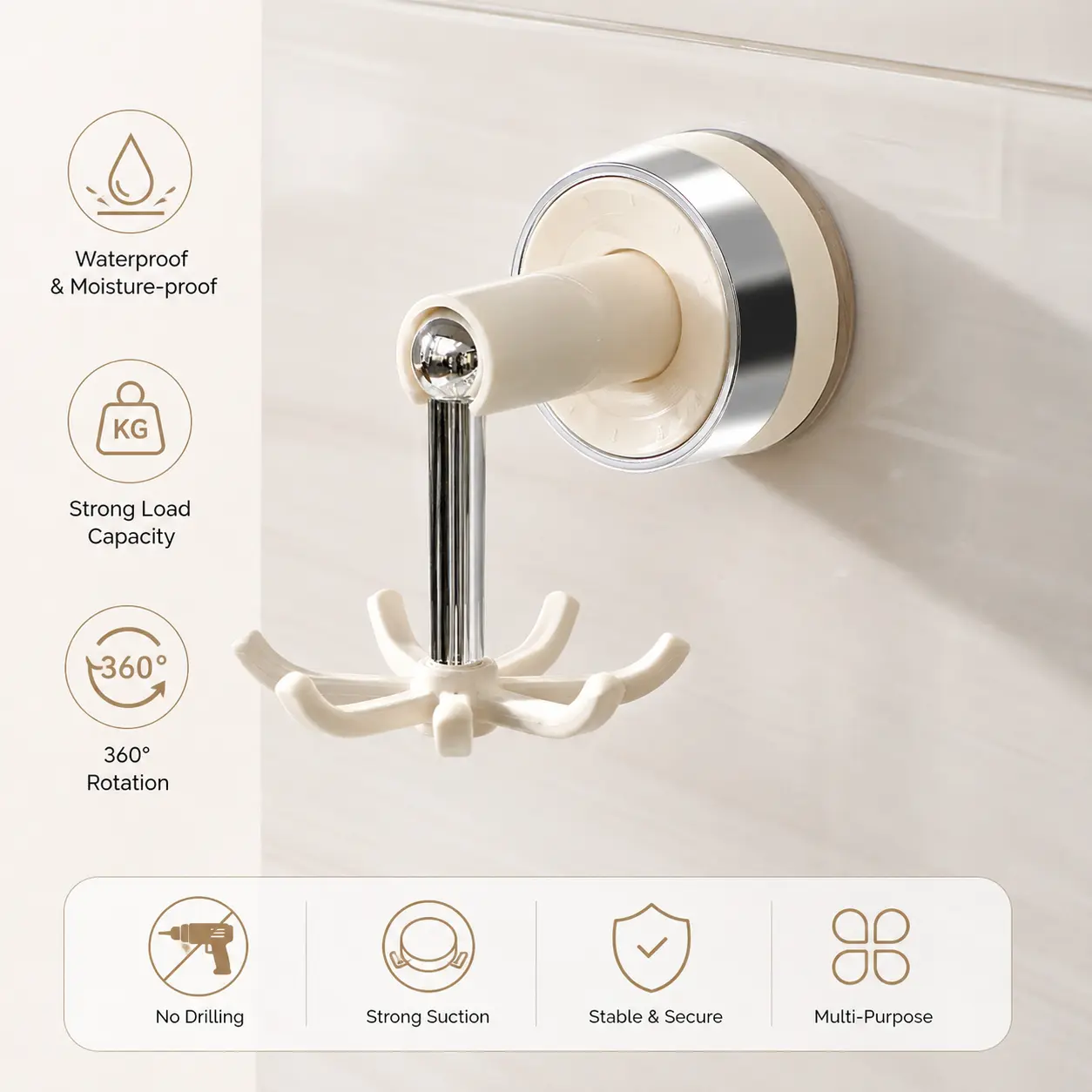 1 Count Suction Cup 360 Degree Rotating 6-Claw Hook, No-Drill Removable Waterproof Hanger for Kitchen and Bathroom Storage