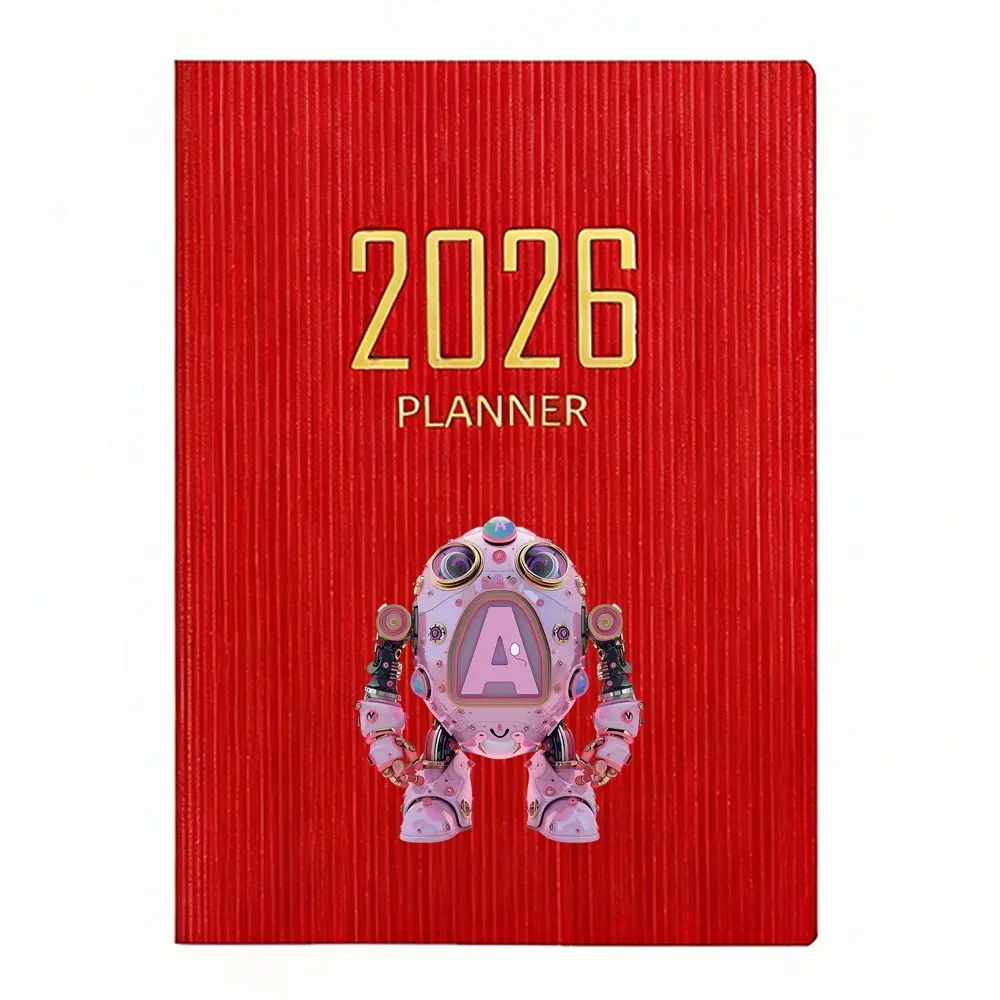 A6/A7 2026 Student Pocket Planner, Calendar Notebook - A-Z Letter & Robot Pattern, Weekly Agenda Book with Texture PU Leather Cover, Portable Office Schedule Notebook, Back to School Essential