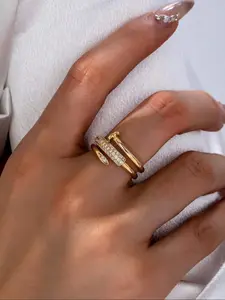 Elegant Nail Design Ring, Fashion Accessories for Women & Girls, Trendy All-match & Exquisite Jewelry for Birthday Gift, Cubic Zirconia Rings, Statement Multi Ring, Double Finger Ring, Matching Rings