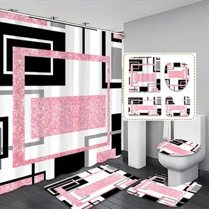 Abstract Geometric Shower Curtain Set, Square Rectangle Lines, Includes 12 Plastic Hooks, Non-Slip Mat, Toilet Lid Pad