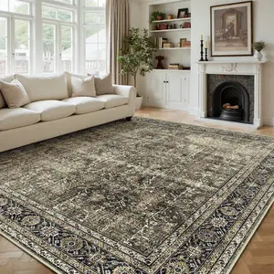 【Holiday Haul 】PureCozy Vintage Distressed Area Rug Golden Brown Large Washable Non-Slip Indoor Carpet for Bedroom Living Room Office Kitchen Dining Room Ultra Soft Microfiber