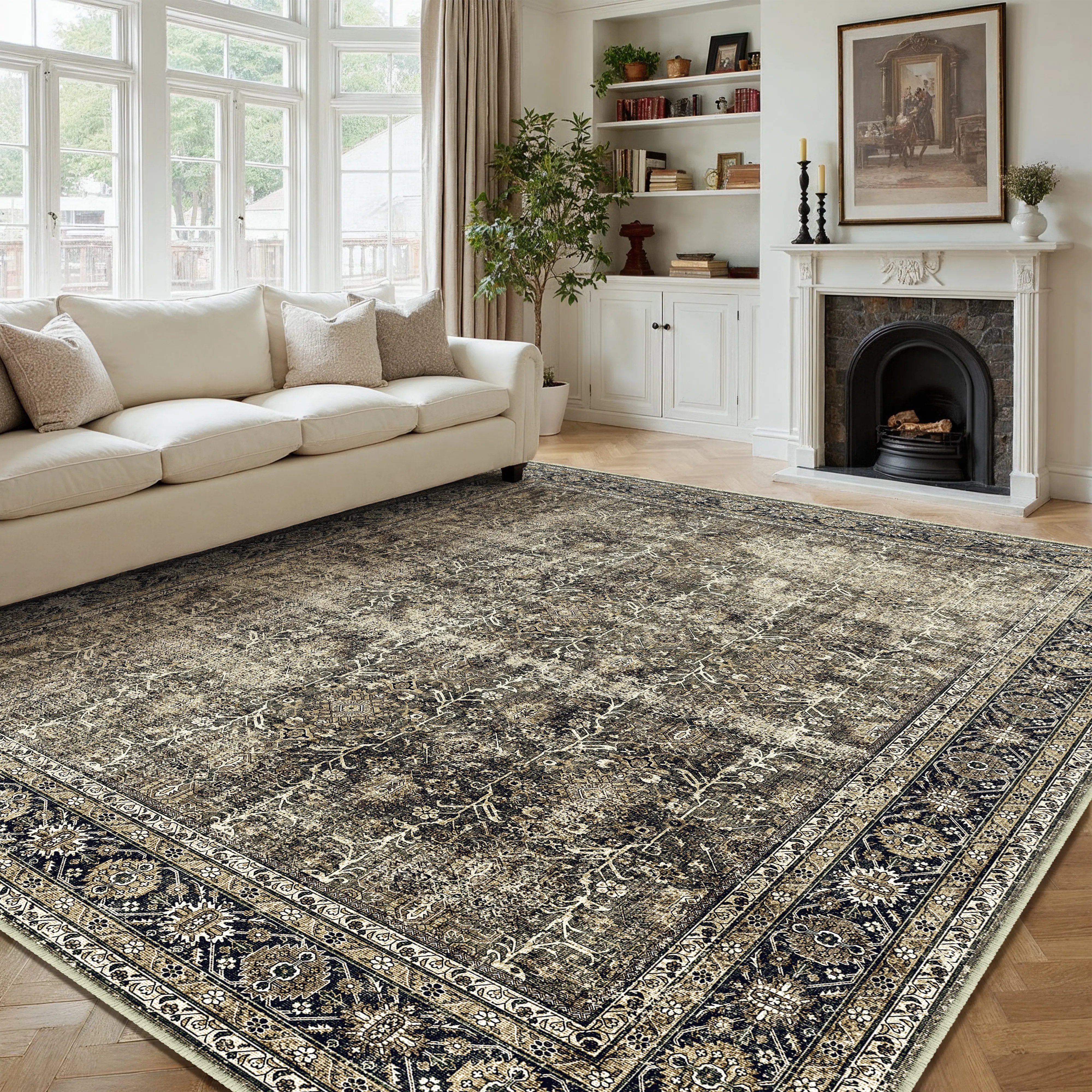 【Holiday Haul 】PureCozy Vintage Distressed Area Rug Golden Brown Large Washable Non-Slip Indoor Carpet for Bedroom Living Room Office Kitchen Dining Room Ultra Soft Microfiber