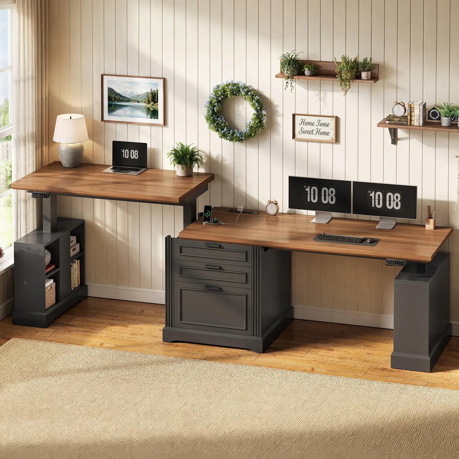 SEDETA Rustic 2-Person Electric Height-Adjustable Modern Farmhouse Desk, 98.4" Long Office Furniture with 3 Drawers, Storage Cabinet, Built-in Power Hub, 94.8″ Shared Space & Wood Computer Workstation for Roommates’ Home Office