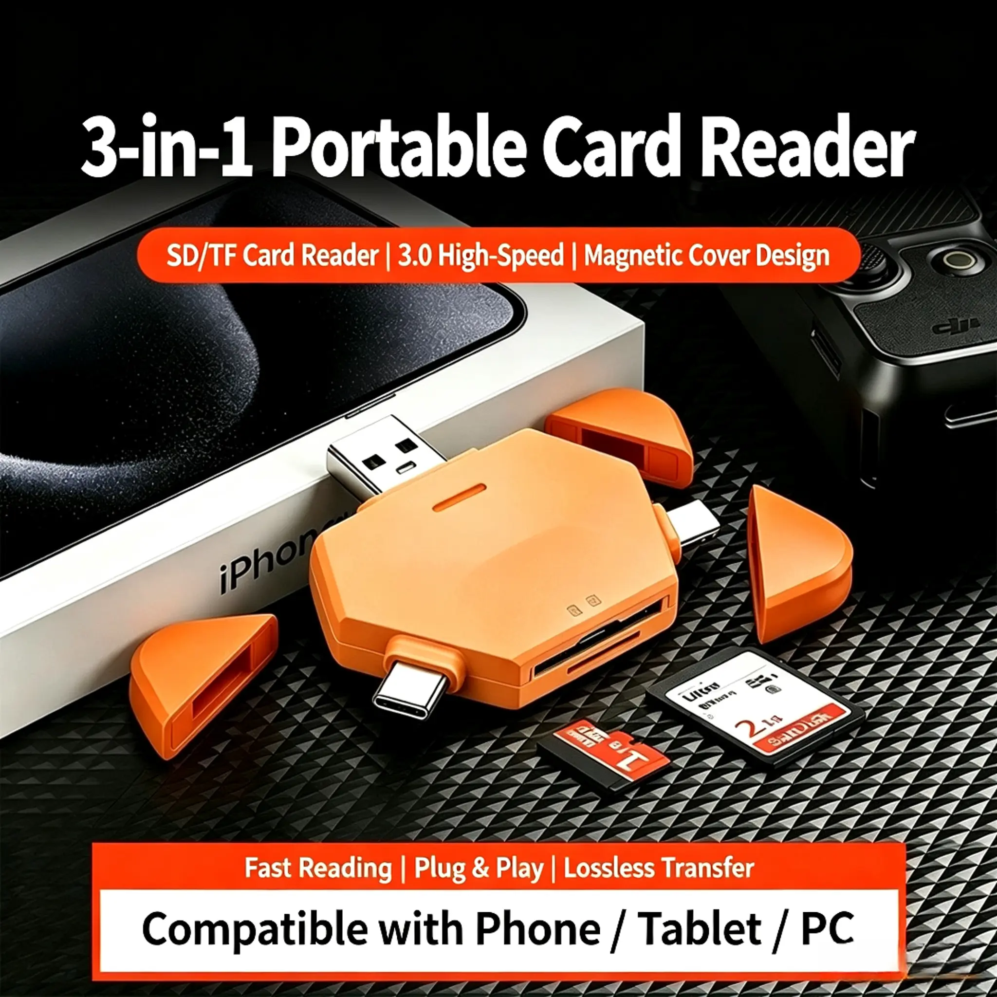 3 in 1 Portable USB 3.0 Card Reader with Lightning, USB-A & Type-C Ports, SD TF Memory Card Adapter, Plug and Play Compatible with iPhone, Android Phones, Tablets, Laptops and Digital Cameras
