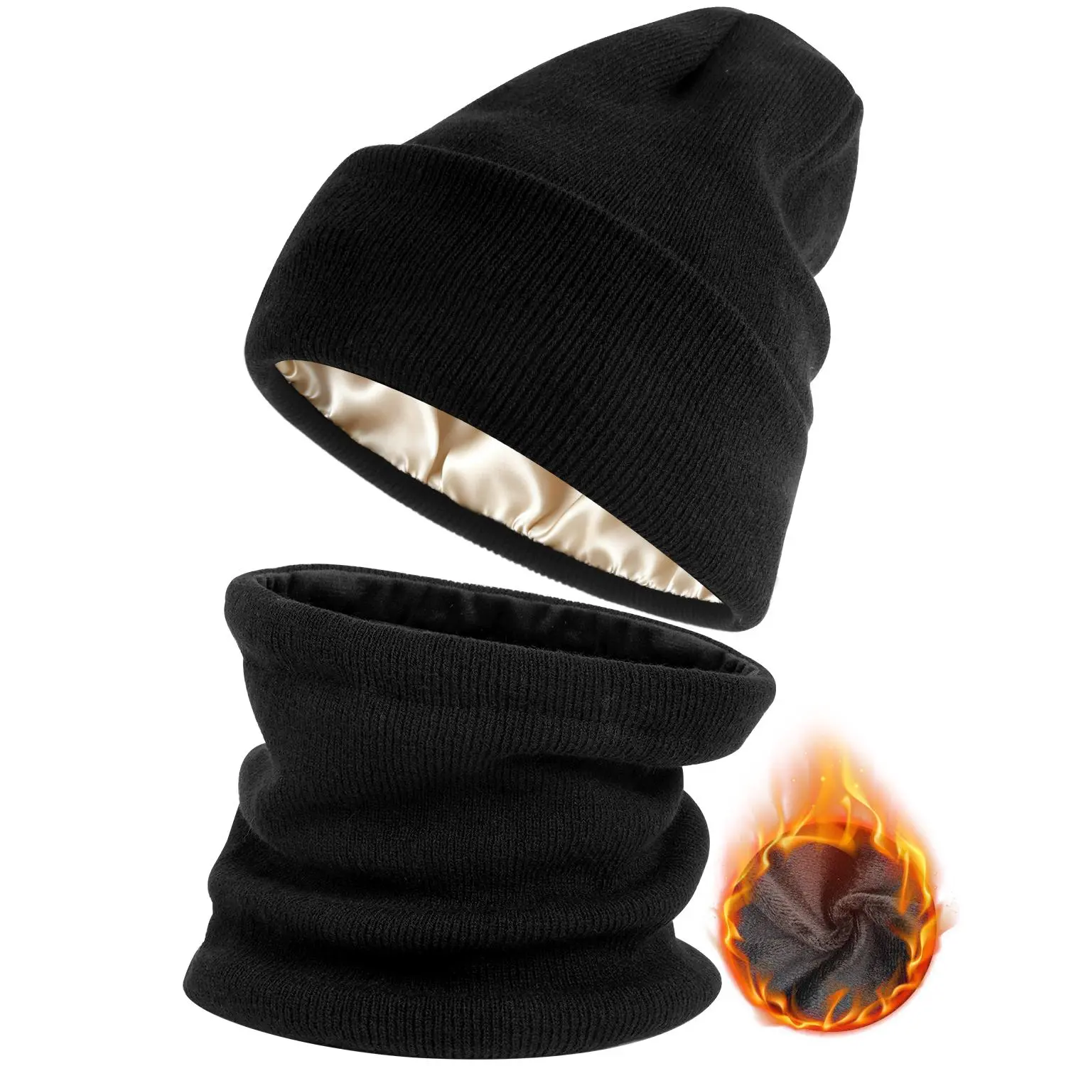 [Buy 1 Hat Get 1 Free Neck Gaiter] Viyawise Satin Lining Solid Color Beanie Hat for Men & Women - Ultra Soft, Stretchy Ribbed Knit, Foldable Design for Daily Use & Outdoor Activities