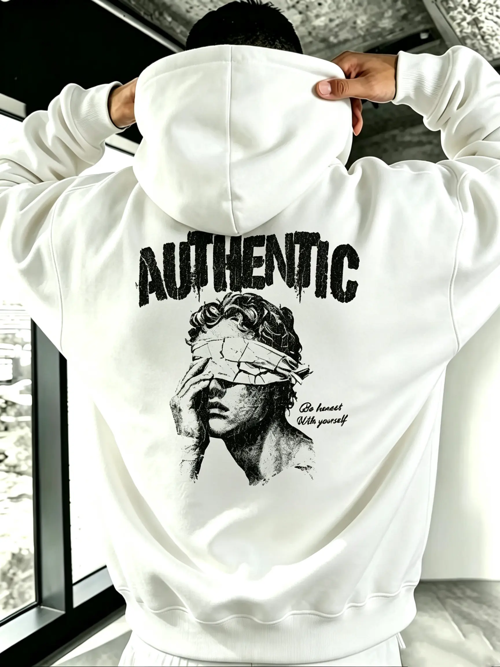 Men’s hoodie with back statue graphic print, Back to School season, vintage distressed letter pullover hoodie, trendy streetwear, loose-fit hip-hop long-sleeve hooded sweatshirt for everyday casual wear Cargo Classic