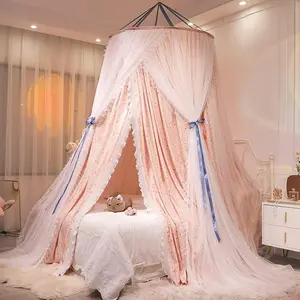 Luxurious Bed for Girls & Adults, Large Elegant Layer Bed Drapes, Round Dome Lace Canopies Netting (Star)