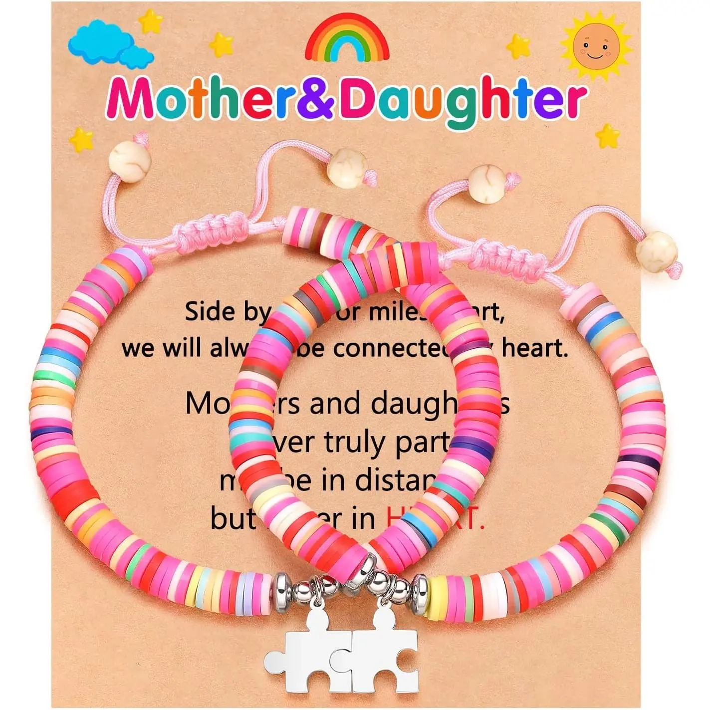 Rainbow Clay Bead Bracelets for Mother Daughter, Handmade Matching Puzzle Piece Jewelry Set, Adjustable Gift, Birthday Gift Ideas, Women's Matching Sets