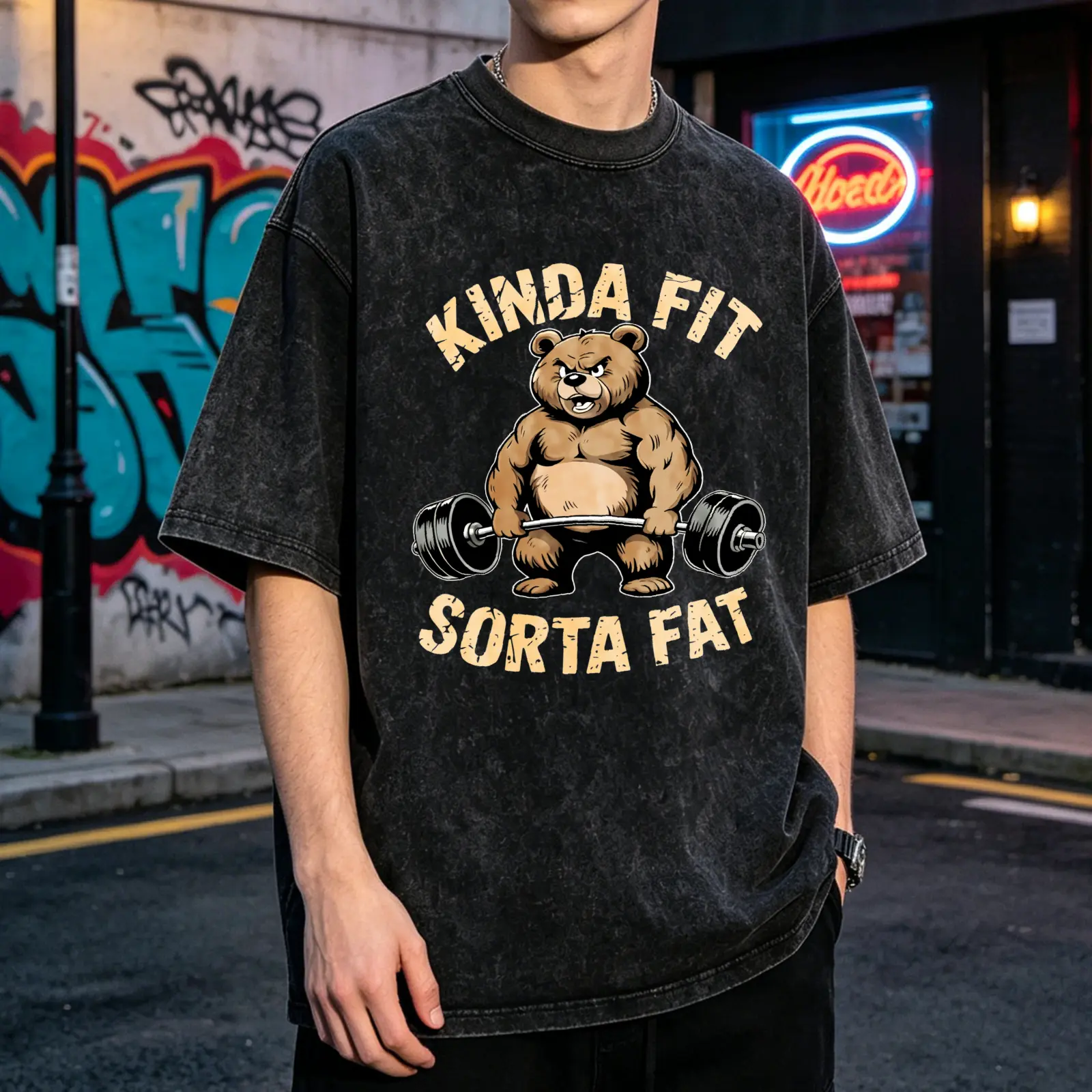 Men's Vintage Washed Oversized Round Neck Graphic Tshirt - Kinda Fit Sorta Fat Bear Dumbbell Print, Breathable Soft Streetwear Short Sleeve Casual Top for Day Outdoor Use