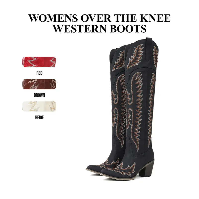 CYNLLIO Womens Cowboy Boots Over the Knee Snip Toe Chunky Block Heels Classic Embroided Side Zipper Pull On Comfy Party Casual Riding Working Club Country Concert Summer Wide Calf Boot