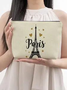 Paris Cosmetic Bag, Eiffel Tower & Heart Print, Linen Travel Toiletry Bag, Vintage French Style, Large Capacity Organizer, Souvenir Gift