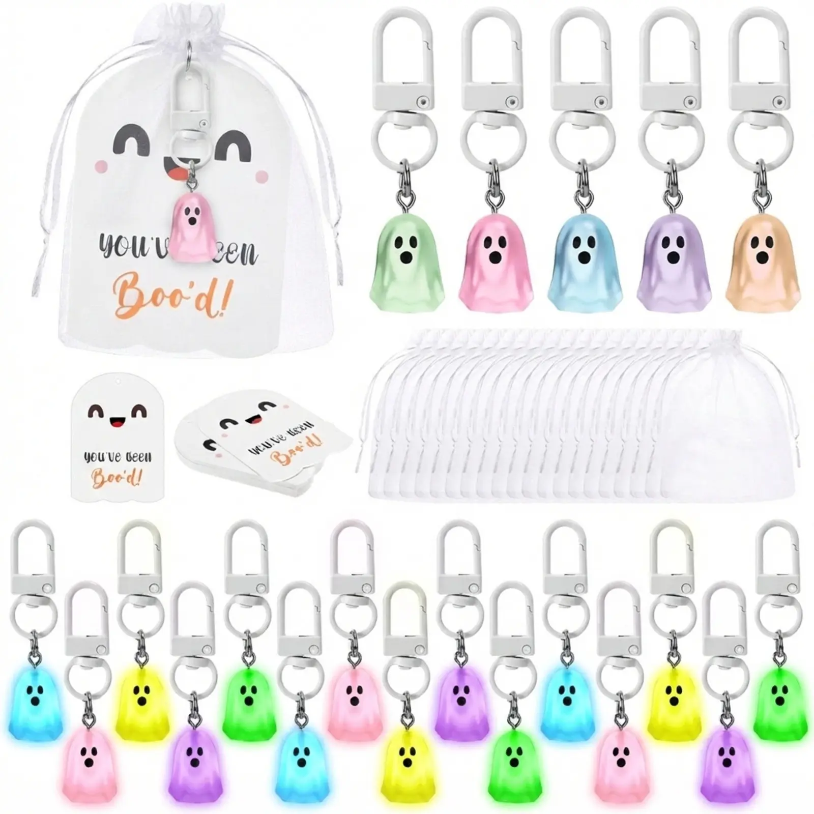 12/30 Sets Halloween Party Favors Mini Glow-in-the-Dark Ghost Keychains-Cute Creepy Luminous Positive Resin Figurines with Card & Bag for Kids Firends Coworkers Boo Basket Stuffer Family Spooky Trick-or-treat Decor Student Rewards