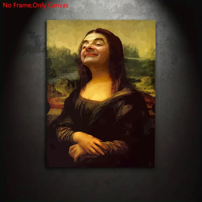 1 piece/set of frameless canvas print poster, retro classic art, funny Bean Mona Lisa, gift for abstract oil painting culture lovers, ideal gift for bedroom, living room, wall decoration, Home wall decor, Vintage Wall Art, Unframed Wall Art