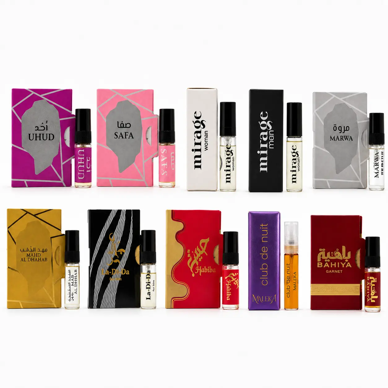10-Piece Assorted Mini Fragrance Sample Set – Uhud, Safa, Mirage Woman, Mirage Man, Marwa, Mahd Al Dhahab, La-Di-Da, Habiba, Club de Nuit & Bahiya