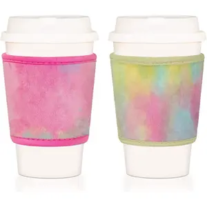 Soft Plush   Hot Coffee Sleeve, Heat Resistant Fuzzy Neoprene Insulated Cozy for Iced Drink Cups, 2-pack, (Pastel , Beige Yellow)