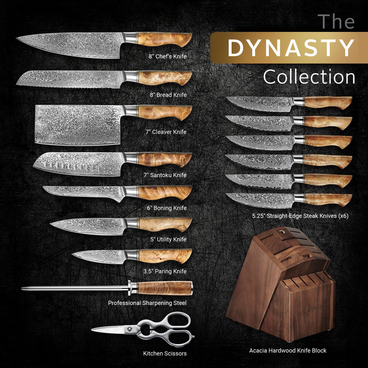 16-Piece Damascus Steel Knife Block Set - The Dynasty Collection - 67-Layer Japanese VG10 Steel with Natural Sycamore Wood Handles - Senken Knives
