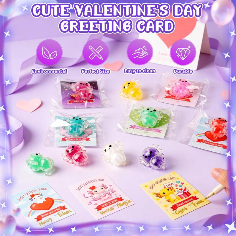 24 Pcs Valentine’s Day Gifts for Kids, Axolotl Stress Ball Fidget Toys with Valentine Cards, Squishy Relief Balls Bulk, School Classroom Exchange Party Favors
