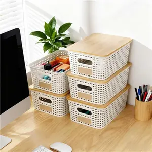 Plastic Storage Bins with Bamboo Lid - Plastic Storage Baskets with Lid - Stackable Container with Lable for Organizing: Small Storage Box for Shelves Office Cabinet Drawer ,10x7.2x4 In - White 6 Pcs