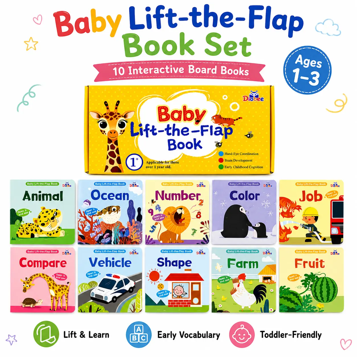 Diobee Peek & Learn Lift-the-Flap Interactive Board Books Set - 10 Compact Books with Sliders, Bright Illustrations for Toddlers Ages 1+, Boosts Cognition, Vocabulary, Hand-Eye Coordination, Fine Motor Skills, Ideal Birthday/Baby Shower Gifts, Unisex, Hol