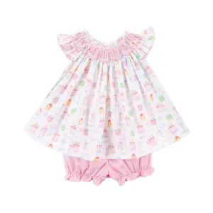 Birthday Party Smocked Angel Sleeve Bloomer Set - Sweet 2Pc Celebration Outfit for Little Girls