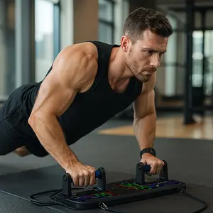 Multi-Functional Push-Up Board with Resistance Bands, Home Gym Training System. Color-coded durable workout board for chest, core and full-body training. Unisex fitness equipment in black.
