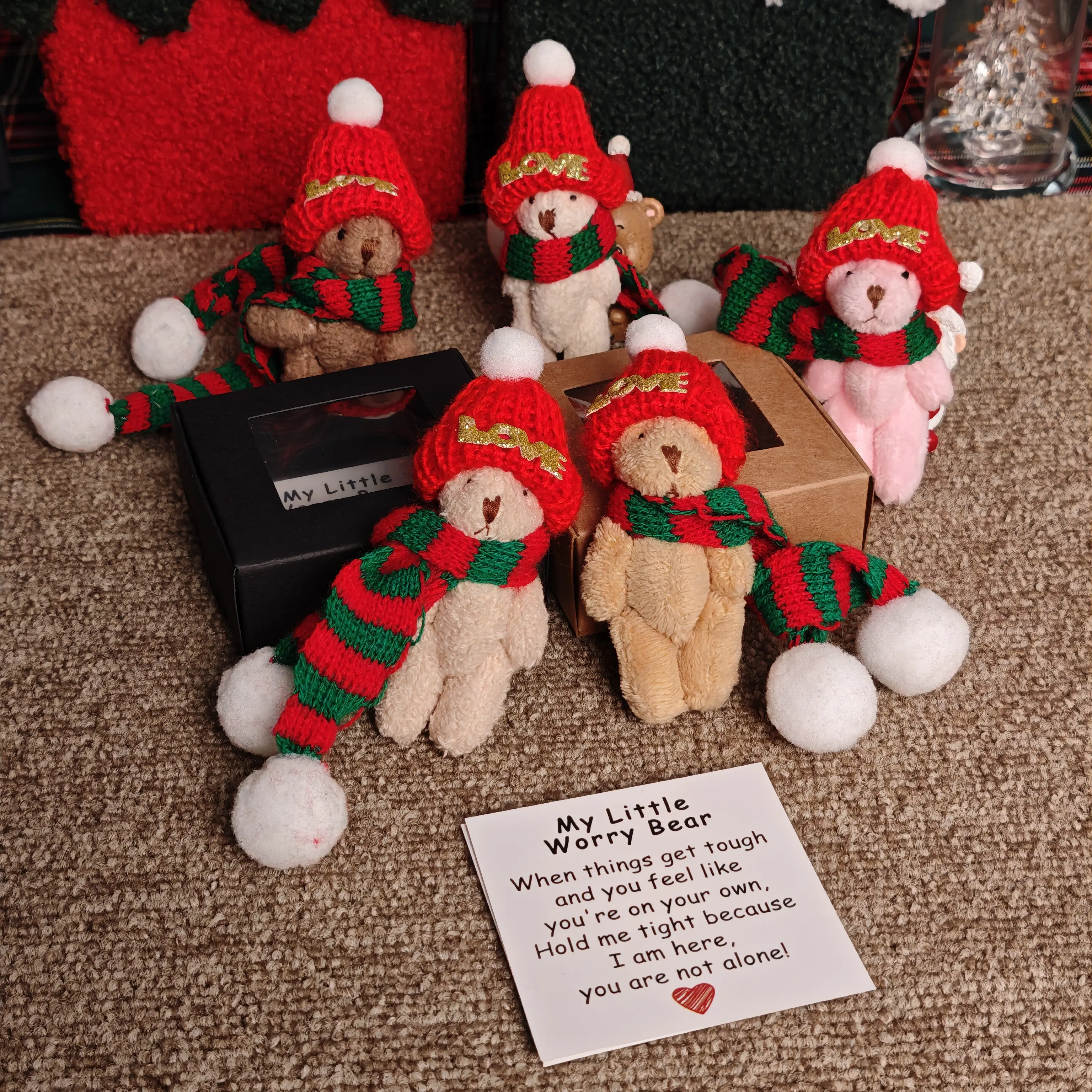 Handmade Crochet Little Pocket Bear Gift Box Set - with Hat, Inspirational Card, Anxiety Relief Hug, Scarf, Soft Durable Fabric, Compact, Universal Wedding & Business Festive Gift for Women & Men, Christmas