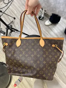 Pre-owned Louis Vuitton CANVAS Tote Bags LV Neverfull MM Monogram Tote Bag with Brown Leather Trim